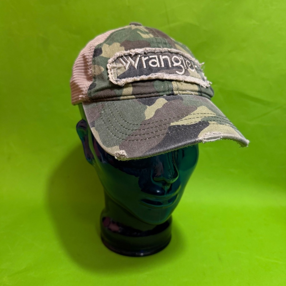 Wrangler Camo Trucker Hat Distressed Logo Patch Mesh Snapback Cap Camouflage
